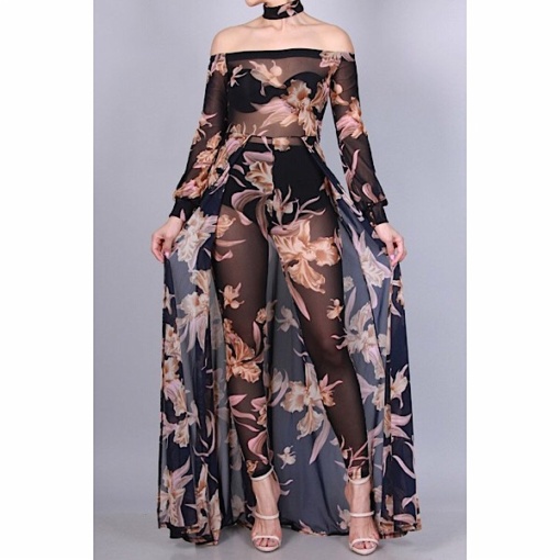 Off Shoulder Floral Jumpsuit with Attached Cape