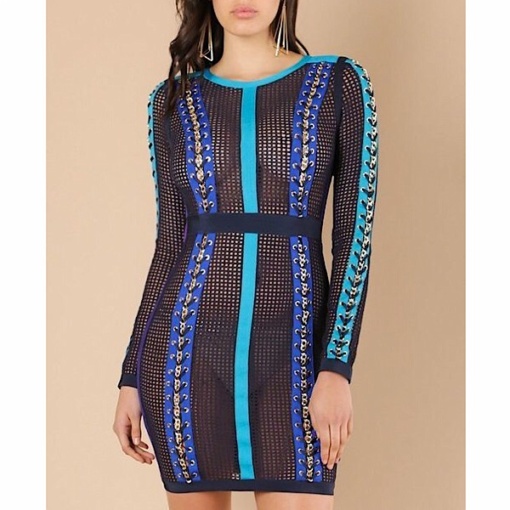 Multi Colored Chain Detail Honeycomb Mesh Dress