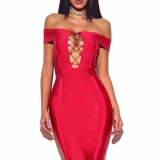 Off Shoulder Chain Detail Bandage Dress