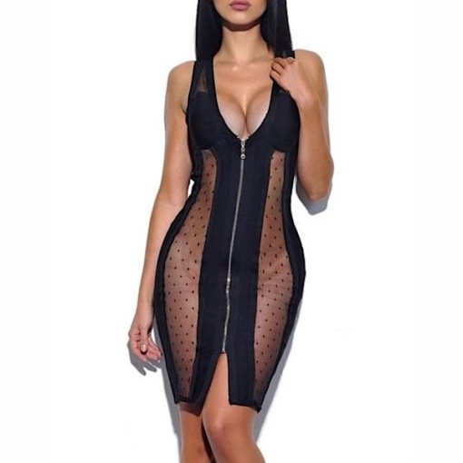 Sheer Front Zip Bandage Dress