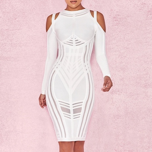 Off Shoulder Mesh Long Sleeve Bandage Dress