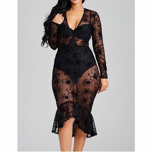 Long Sleeve Mesh Mermaid Dress with Panty Lining