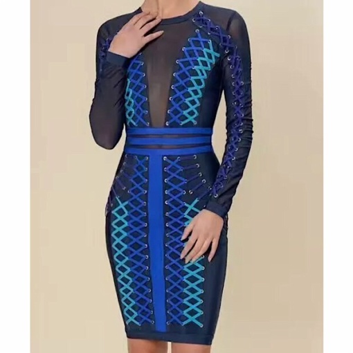 Color Assorted Lattice Bound Bandage Dress