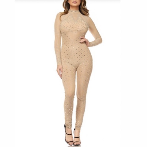 Mesh Long Sleeve Crystal Jumpsuit