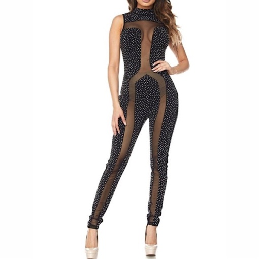 Mesh Cut Out Sleeveless Rhinestone Jumpsuit