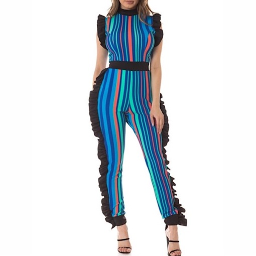 Blue Multi-Color Striped Jumpsuit with Ruffle Details