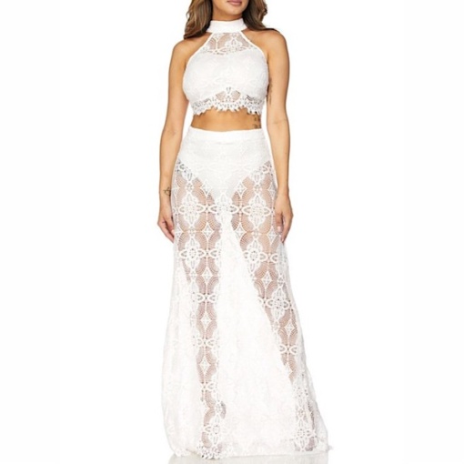 Lace Zipper Back Halter Crop Top and Long Skirt Set