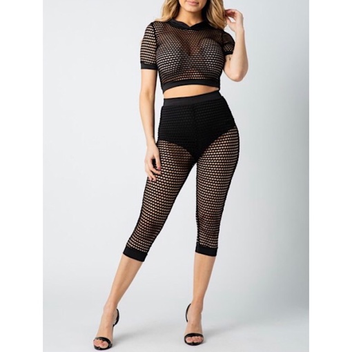 Fishnet Hoodie Crop Top and Capri Set