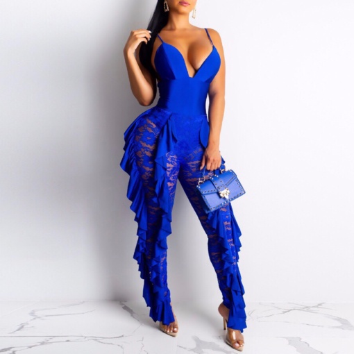 Spaghetti Strap Ruffle Side Lace Jumpsuit