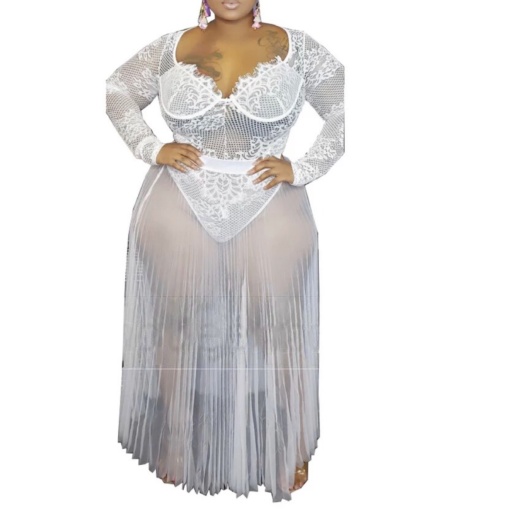 Plus Size Lace Bodysuit Mesh Long Skirt Set