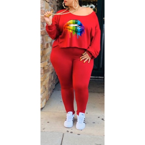 Plus Size Rainbow Lip Top and Pants Set